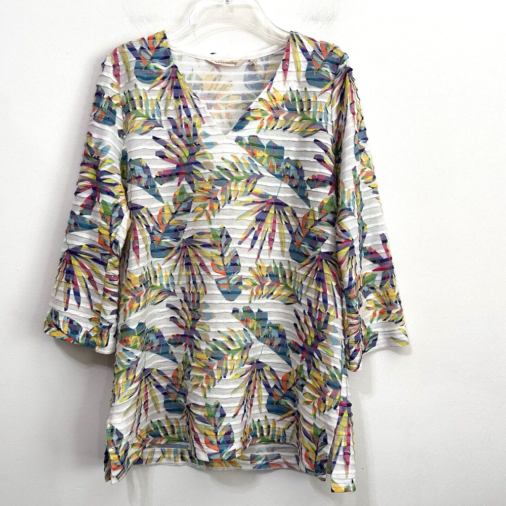 Soft Surroundings Bright Tropical Rainbow Canopy Tunic‎ Top L 3/4 Sleeve V Neck